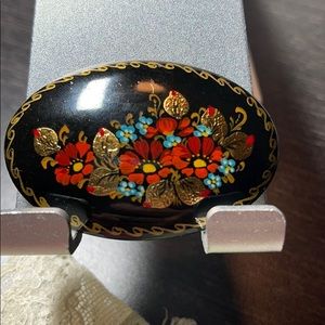 RUSSIAN HANDMADE SIGNED PIN RED FLORAL GOLD